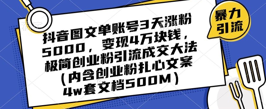 抖音图文单账号3天涨粉5000，变现4万块钱，极简创业粉引流成交大法-林文副业站