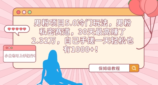 男粉项目5.0冷门玩法，男粉私密赛道，30天最高赚了2.32万，自己手搓一天轻松也有1000+【揭秘】-林文副业站