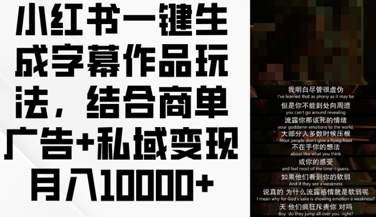 小红书一键生成字幕作品玩法，结合商单广告+私域变现月入1w+【揭秘】-林文副业站