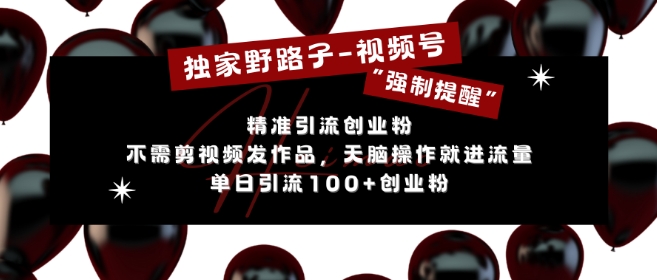 独家野路子利用视频号“强制提醒”，不需剪视频发作品，无脑操作就进流量，单日引流100+创业粉-林文副业站