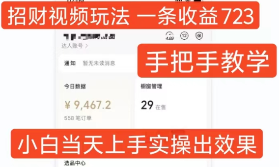 招财视频玩法，一条视频收益723，手把手教学，小白当天可上手-林文副业站