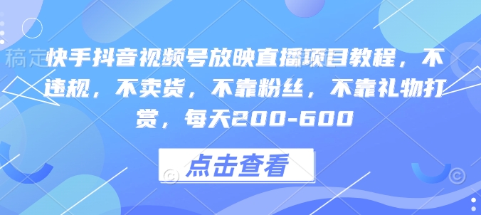 快手抖音视频号放映直播项目教程，不违规，不卖货，不靠粉丝，不靠礼物打赏，每天200-600-林文副业站