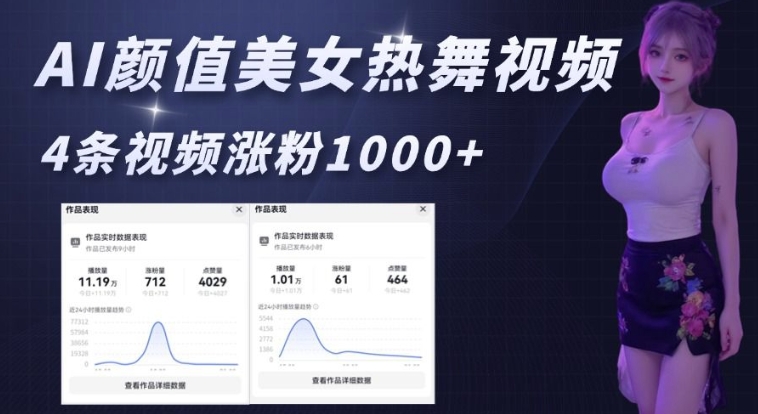 AI颜值美女热舞视频，4条视频涨粉1000+，实测6分钟一条-林文副业站