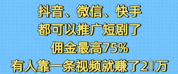 抖音微信快手都可以推广短剧了，佣金最高75%，有人靠一条视频就挣了2W-林文副业站