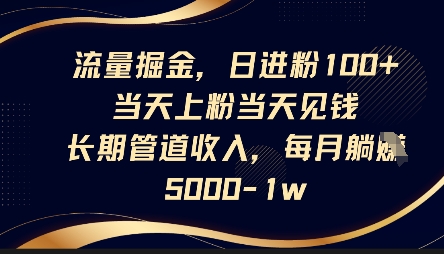 流量掘金，日进粉100+，当天上粉当天见钱，长期管道收入，每月躺挣5k-林文副业站