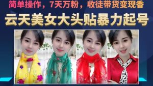 云天美女大头贴暴力起号教学，简单操作，7天万粉，收徒带货变现香-林文副业站