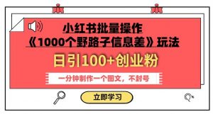 小红书批量操作《1000个野路子信息差》玩法，一分钟制作一个图文，不封号，日引100+创业粉-林文副业站