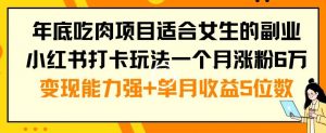 年底吃肉项目适合女生的副业小红书打卡玩法一个月涨粉6万+变现能力强+单月收益5位数【揭秘】-林文副业站